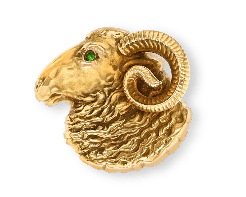 Satin finish brooch-Riker Brothers Gold and Demantoid Garnet Ram's Head Brooch