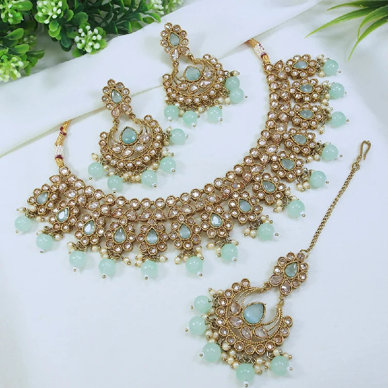 Radiant star necklaces-LALSO Stunning Mehendi Gold plated AD/Zircon Work Necklace Jewelry Set With Maangtika