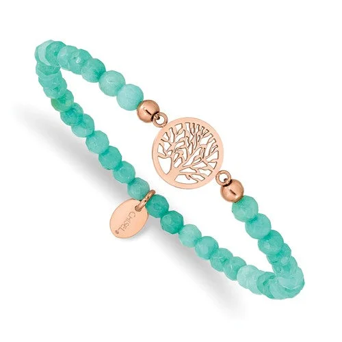 Cosmic glow bangles-Stainless Steel Rose Gold Tree of Life 4.2mm Mint Green Jade Stretch Bracelet