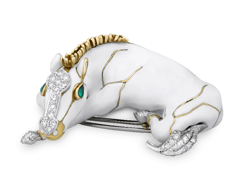 Bead-woven brooch-David Webb White Enamel, Pavé Diamond and Emerald Horse Brooch