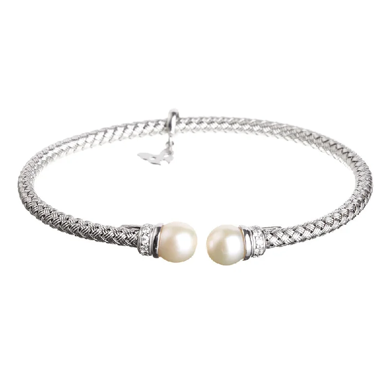 Cotton cord bangles-Silver Pearl Bracelet