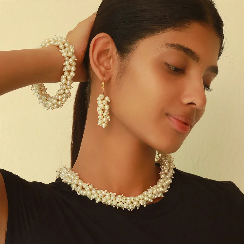 Large hoop earrings-White and Gold Pearl Studded Evening Party Set of Necklace, Earrings & Bracelet for Women