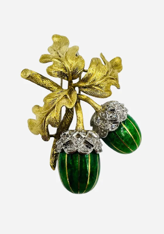 Solid bar brooch-1970s Oak Leaves And Enameled Acorns 18k Yellow Gold Brooch