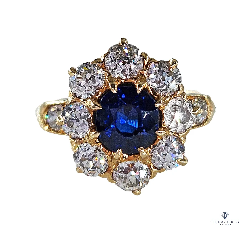 Gothic charm rings-GIA Royal Blue Victorian 2.29ctw No Heat Old Mine Oval Sapphire Diamond Antique Vintage Cluster 14k Gold Ring