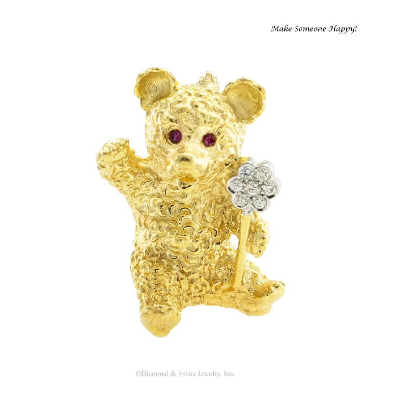 Morganite stone brooch-Diamond Ruby Yellow Gold Teddy Bear Brooch