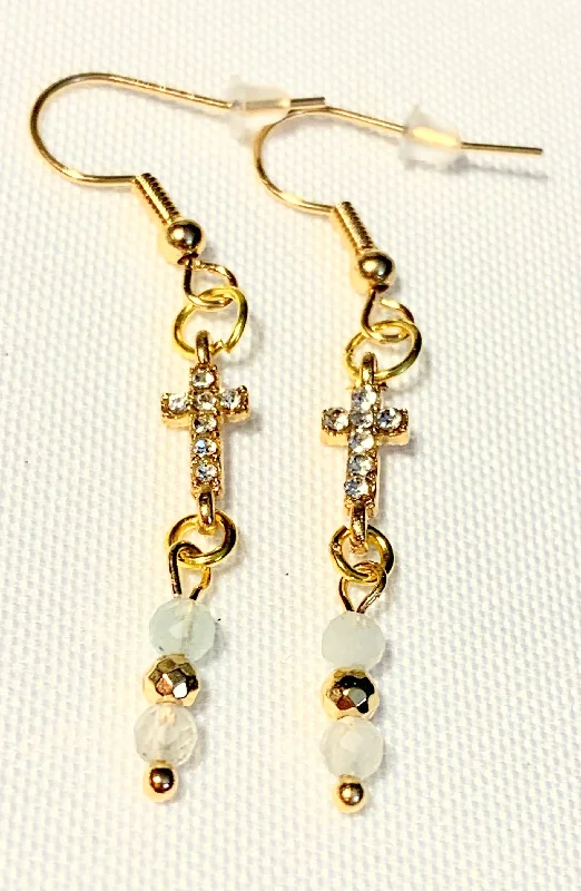 Deco style earrings-Arista Handmade Aquamarine Dangle Earrings With Rhinestone Cross Pendants