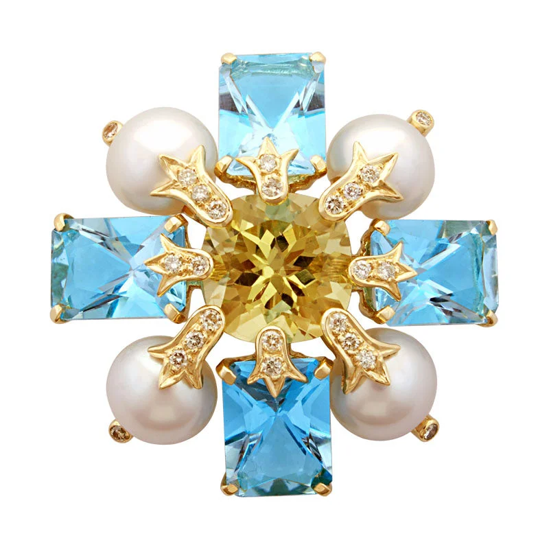 Daisy design brooch-Brooch-Lemon Quartz, Blue Topaz, Pearl and Diamond