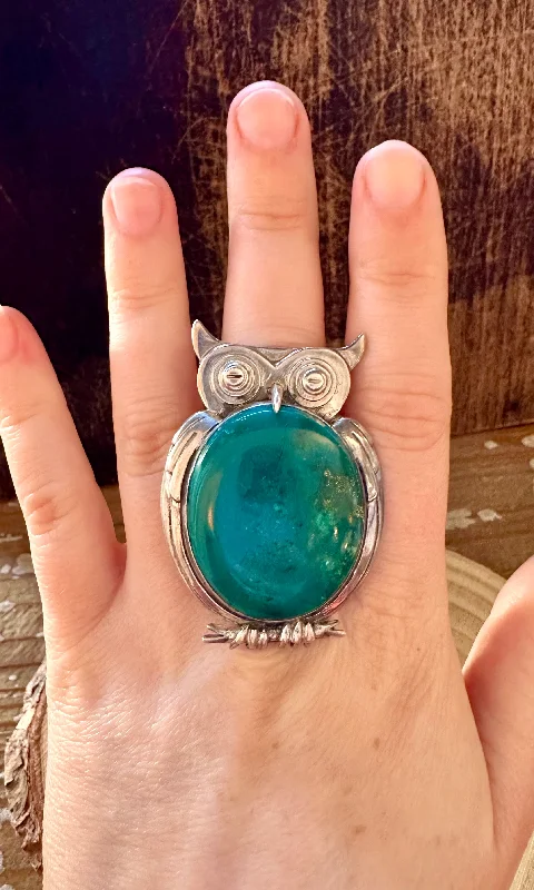 Flat knot rings-PERCHED OWL Silver & Blue Ring • Size 8