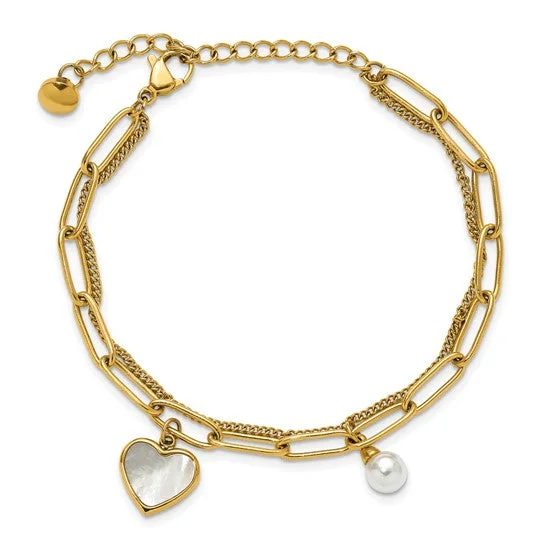 Luxe stone bangles-Stainless Steel Gold IP-Plated Mother of Pearl Heart and Pearl Bracelet