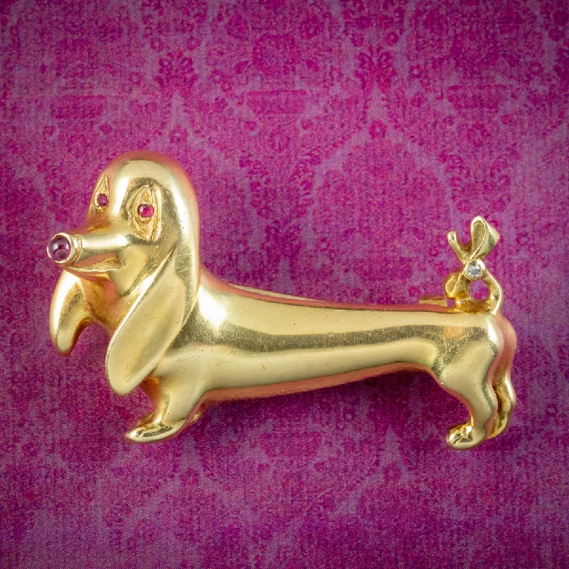 Chunky gem brooch-Vintage Sausage Dog Brooch 18ct Gold Ruby And Diamond