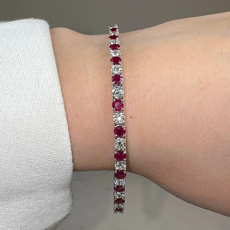 Dainty charm bangles-Round Brilliant Diamond and Ruby 4 Claw Bracelet BRDR45345