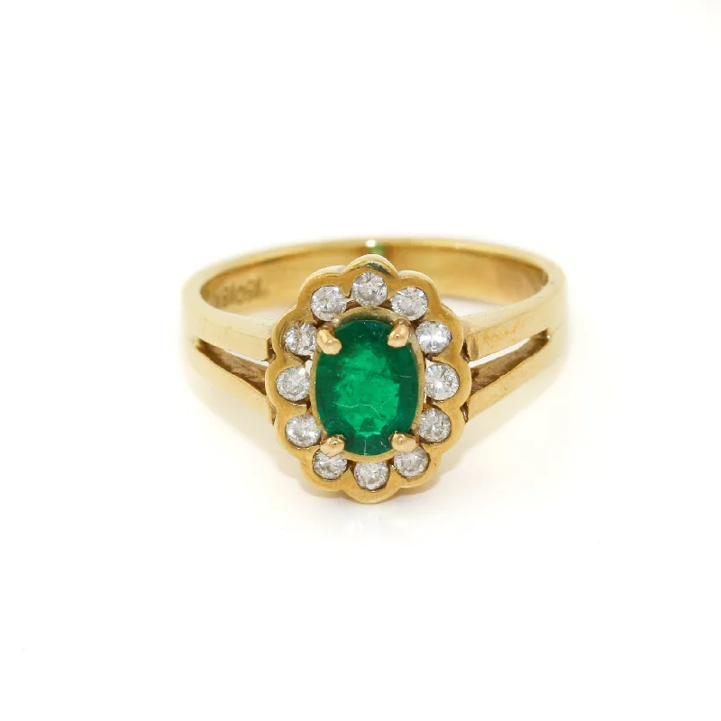 Fox motif rings-18k Gold x Vintage .65 Emerald & Diamond Halo Ring