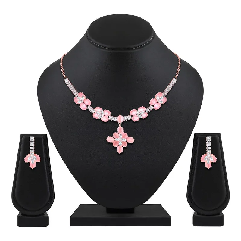 Bold bar necklaces-Mahi Rose Gold Plated Pink and White Cubic Zirconia (CZ) Floral Women's Necklace Set (NL1103814ZPin)