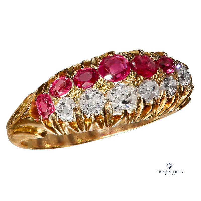 Victorian style rings-Victorian GIA No-Heat Burmese Pink Sapphires & Old Mine Diamond Double Rows Yellow Gold Band Ring