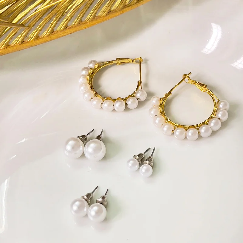 Vintage charm earrings-Set Of 4 Pearl Studs In Different Sizes & Gold-Toned Pearl Studded Hoop Earrings