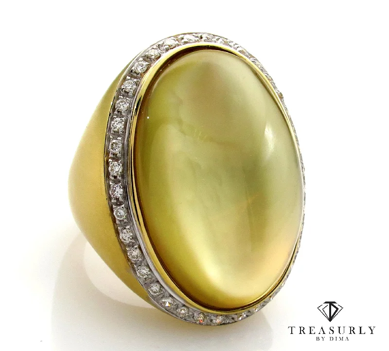 Oval gem rings-Fashion Cabochon Lemon Quartz Mother-of-Pearl Diamond 18K Yellow Gold Estate Ring