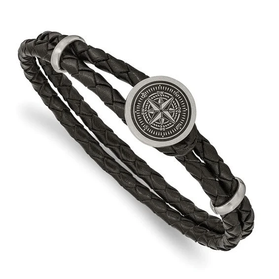 Cord fringe bangles-Stainless Steel Brushed Compass Black Woven Leather 8.5 inch Bracelet