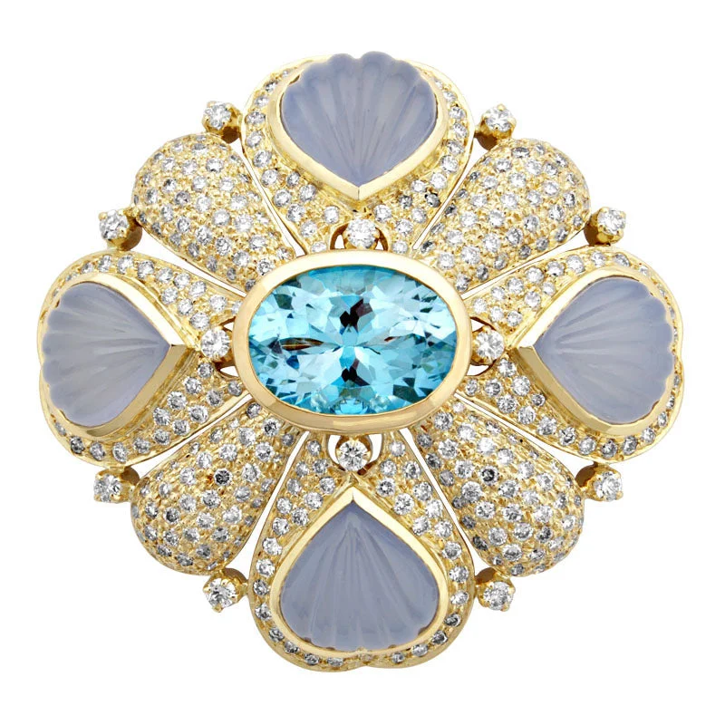 Subtle accent brooch-Brooch- Blue Topaz, Chalcedony And Diamond