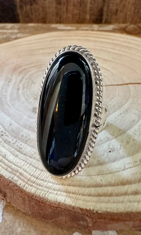 Cluster gem rings-BLACK ONYX BEAUTY Silver Ring • Size 8