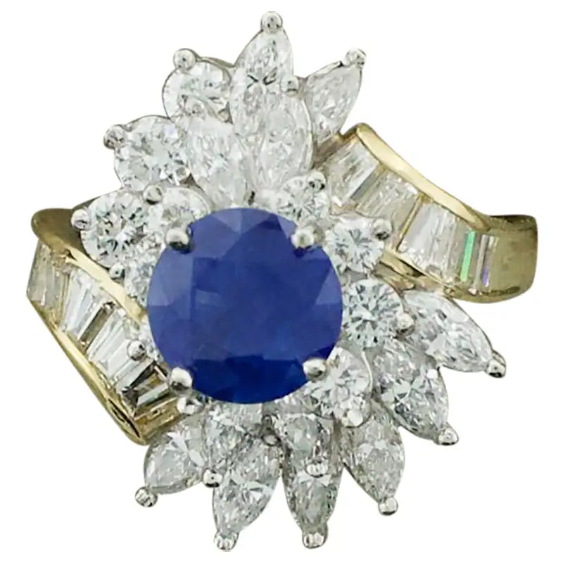 Chunky stone rings-Sapphire and Diamond Cocktail Ring by Terrell & Zimmelman, circa 1970s