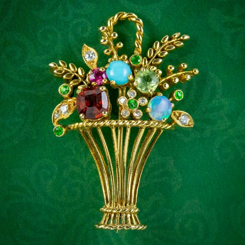 Pink quartz brooch-Vintage Giardinetti Gemstone Flower Vase Brooch 18ct Gold