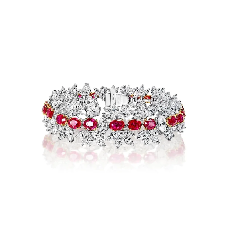 Pinch clasp bangles-Aleah 42 Carats Red Oval Cut Single Row Ruby and Diamond Bracelet