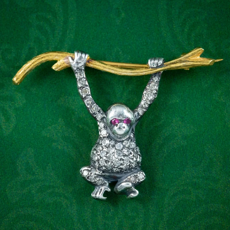 Ripple style brooch-Victorian Style Diamond Monkey Bar Brooch Silver 18ct Gold Ruby Eyes