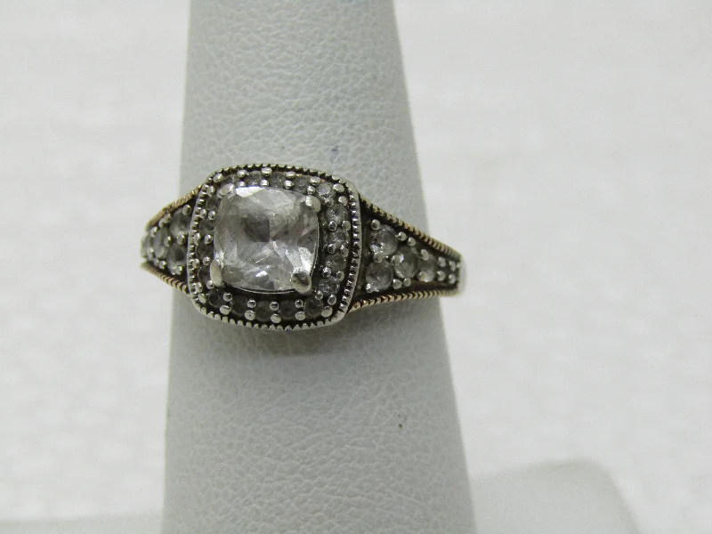 Wide gold rings-Vintage 10kt Moissanite/White Sapphire Halo Ring, Sz. 7, Signed JWBR