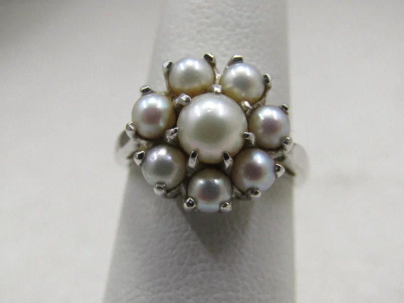 Bamboo motif rings-Vintage 10kt Pearl Cluster Halo Ring, Sz. 5.75, 1960's-1970's