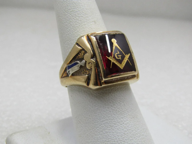 New moon rings-Vintage 10kt  Ruby Masonic Ring, Sz. 8, Two-Tone. Signed Crose, Mid-Century