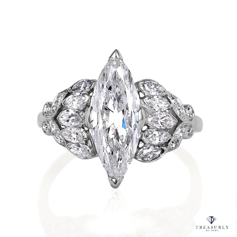 Topaz gem rings-Art Deco Colorless GIA 3.09ct Old European Marquise Cut Diamond Platinum Ring