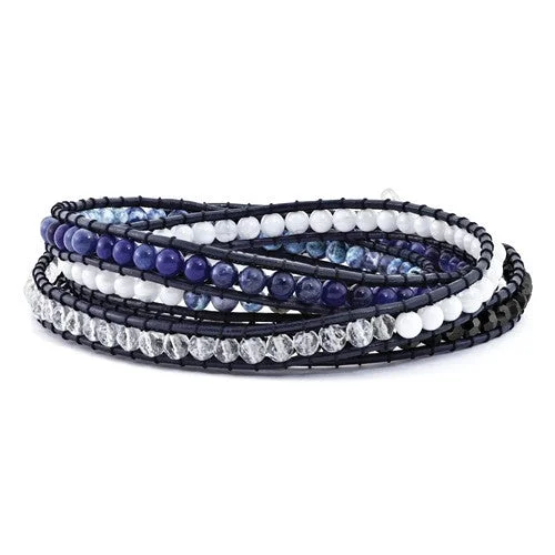 Tiny star bangles-Blue Agate, Crystal, Sodalite & Leather Multi-Wrap Bracelet