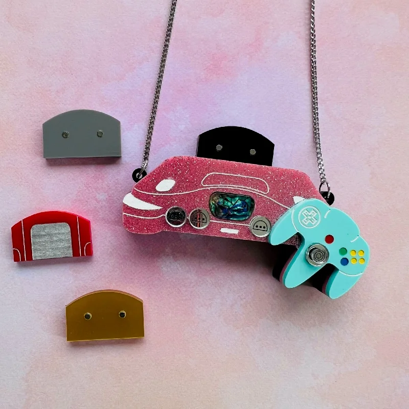 Sleek modern brooch-Pink Game Console Necklace (Interactive!)