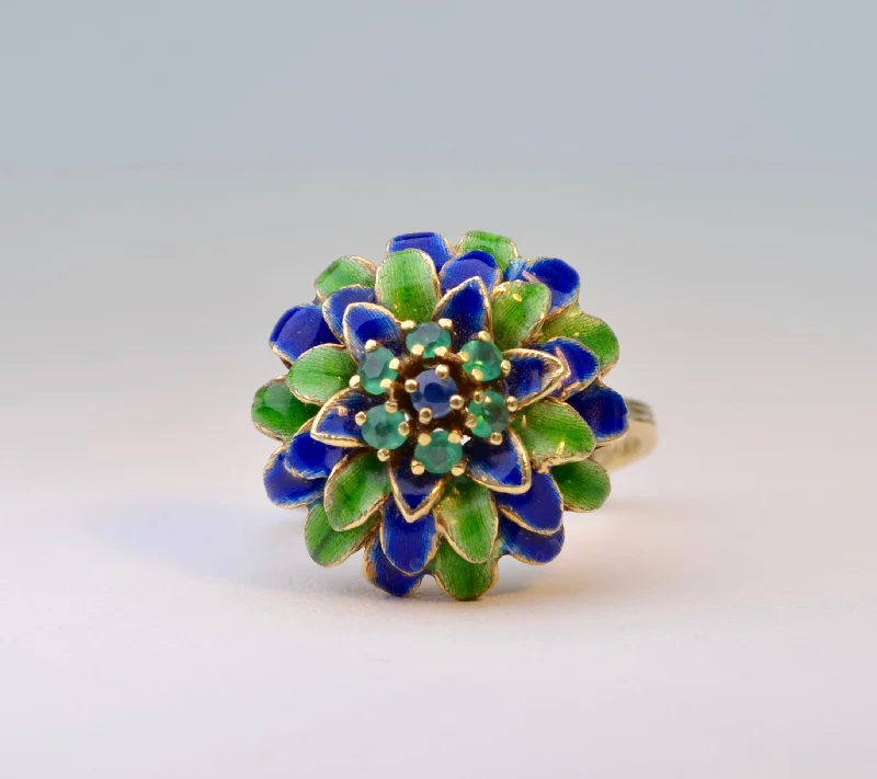 Bead trim rings-Enamel Flower Ring with Emerald and Sapphire Accents in 14K Yellow Gold