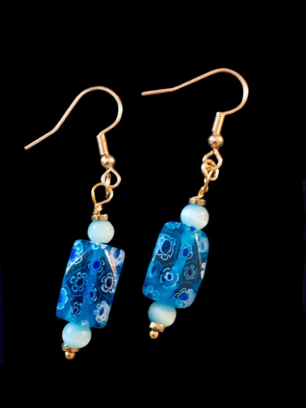 Thin threader earrings-Tegan Handmade Aquamarine and Millefiori Glass Earrings