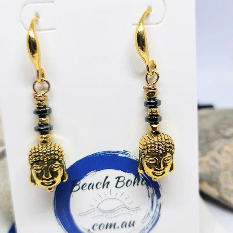 Vibrant gem earrings-FOCUS - BUDDHA GOLD DANGLE EARRINGS 925 HOOKS