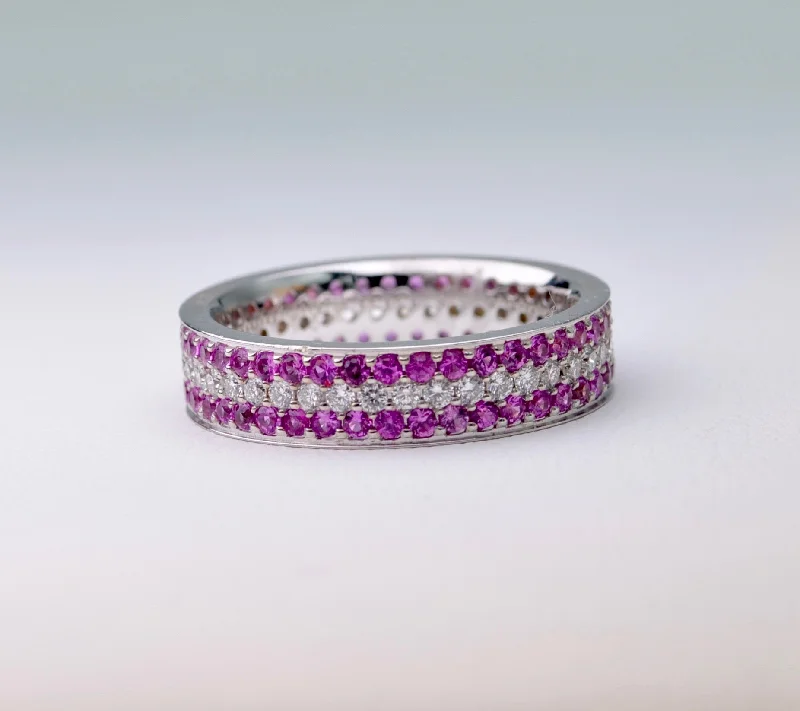 Smooth stone rings-18K white gold wedding band with all-around Pink Sapphire and Diamonds