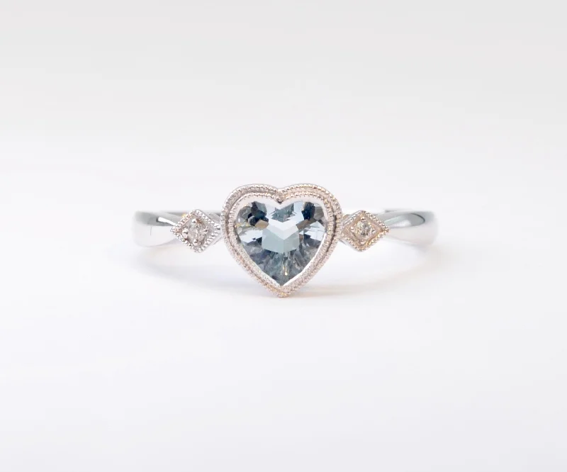 Citrine rings-Heart-shaped Aquamarine with Two Side Diamonds in 14K White Gold