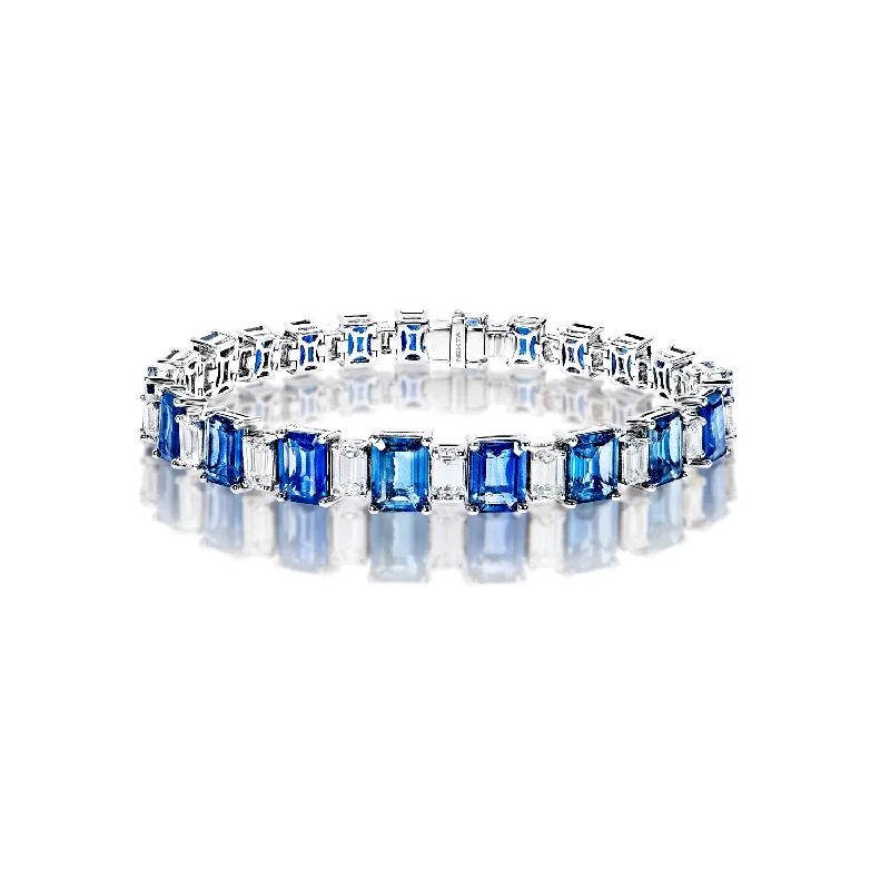 Shiny bead bangles-Dallas 28 Carat Blue Emerald Cut Sapphire and Diamond Single Row Bracelet