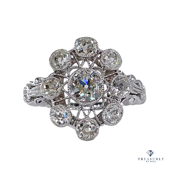 Pure crystal rings-Art Deco 1.65ctw Antique Old European Diamond Cocktail Cluster Platinum Ring, EGL USA