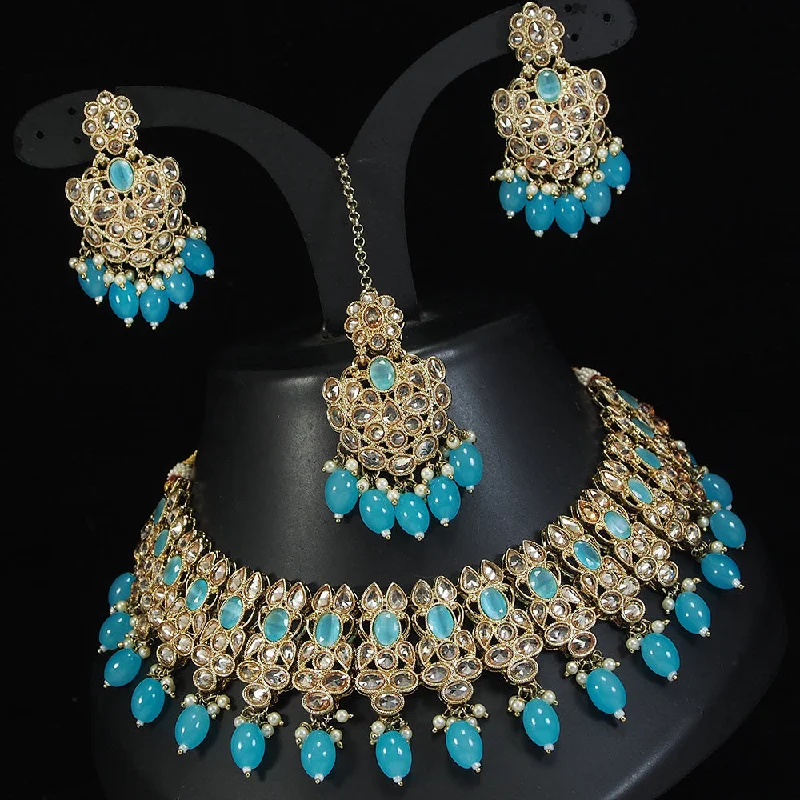 Yarn tassel necklaces-LALSO Stunning Gold plated Zircon Work Necklace Jewelry Set With Maangtika