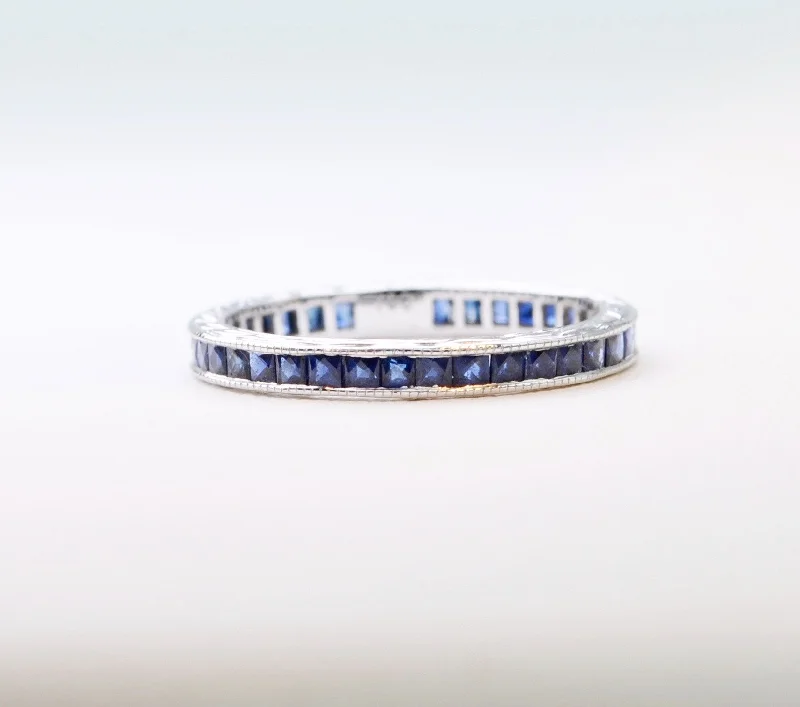 Oval charm rings-18K white gold Sapphire band with French-cut Blue Sapphires all around