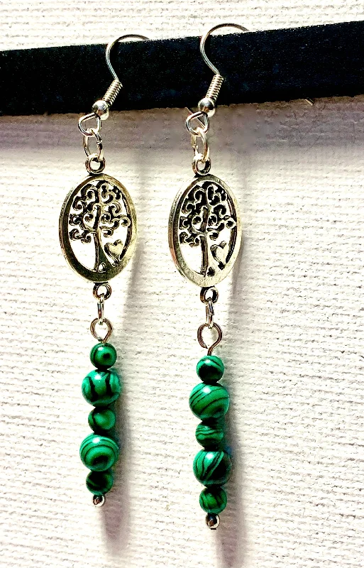 Small gem earrings-Illanna Handmade Malachite Dangle Earrings with Tree Pendants