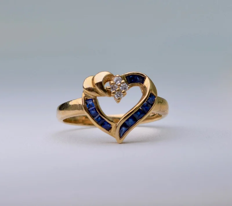 Fiber edge rings-14K Yellow Gold Sapphire Heart Ring with Diamond Accent