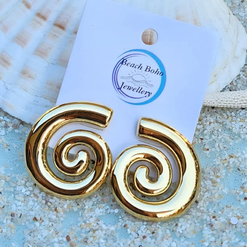 Topaz stud earrings-GOLD SWIRLS -  18K GOLD WATERPROOF STUD EARRINGS