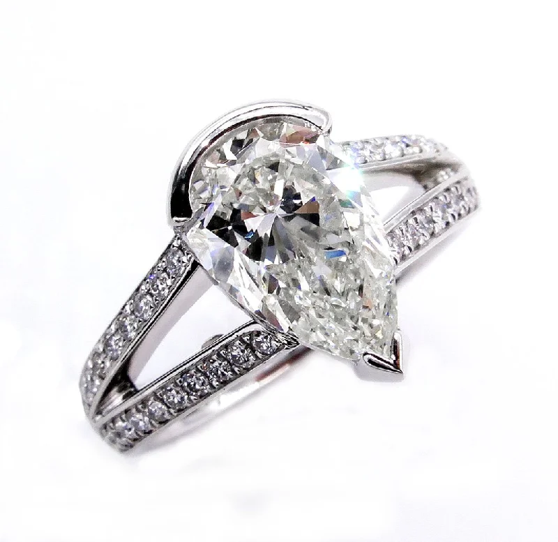 High gloss rings-GIA 2.68ct Vintage PEAR Shaped Diamond Engagement Wedding Pave Platinum Ring