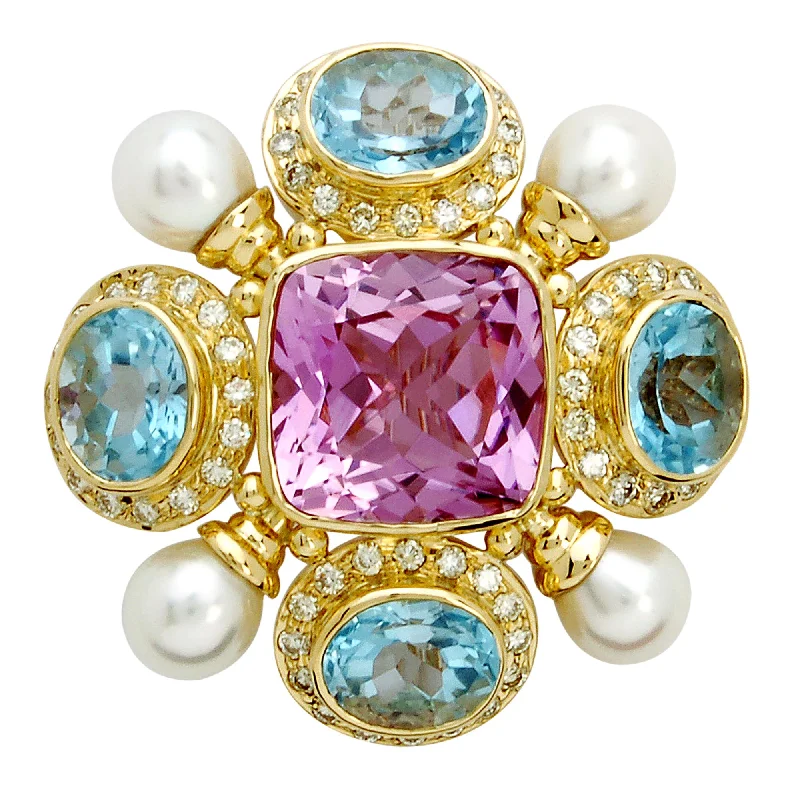 Tiered design brooch-Brooch- Kunzite, Blue Topaz, Pearl And Diamond