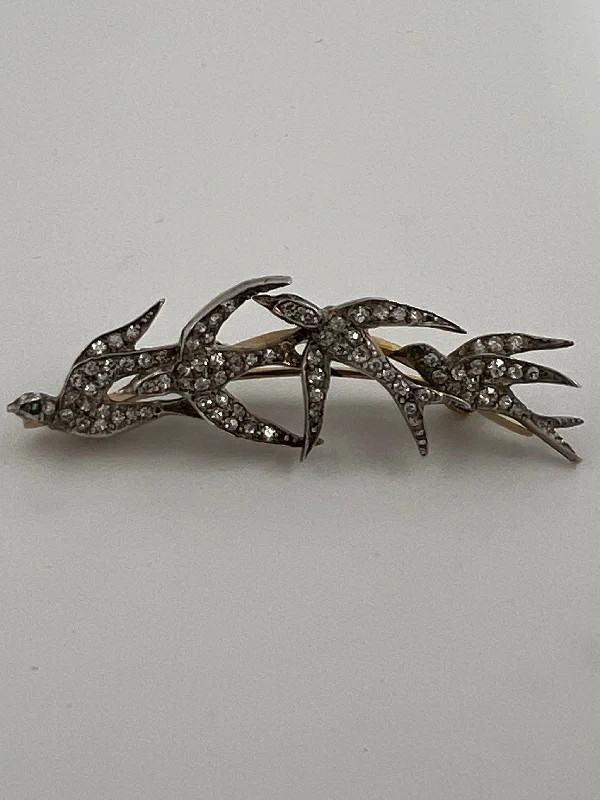 Dainty gold brooch-Victorian 4 Swallow Bird Diamond Brooch