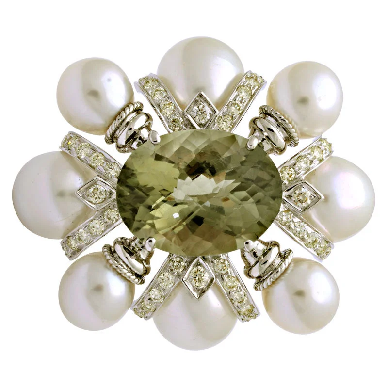 Petal carved brooch-Brooch-Green Quartz, South Sea Pearl and Diamond