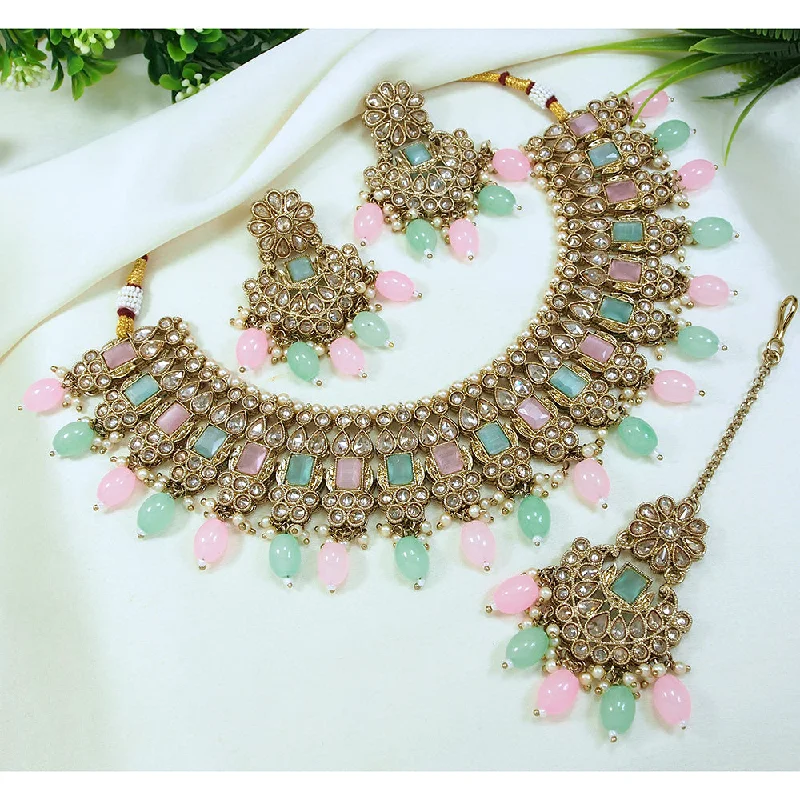 Wave motif necklaces-LALSO Designer  Gold plated Zircon Work Necklace Jewelry Set With Maangtika